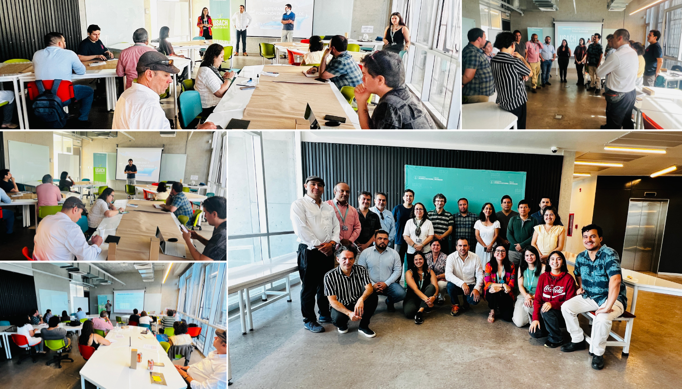compilado de diversas fotografías revelando lo que fue lel taller docente Liderando el cambio, liderado por el Área de Sostenibilidad