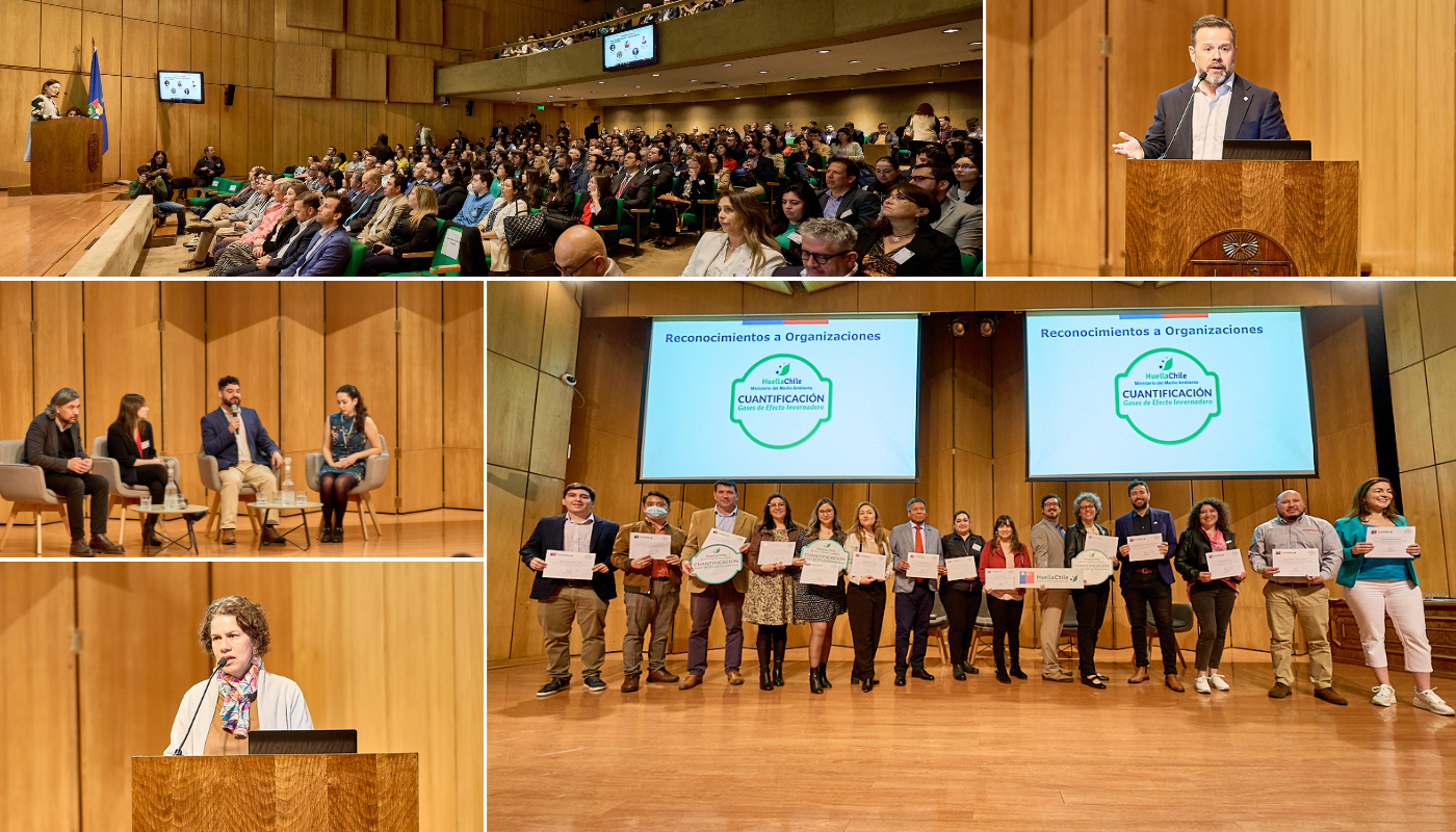 compilado de diversas fotografías revelando lo que fue la ceremonia de reconocimiento del Programa HuellaChile a las Instituciones que realizaron proceso de cuantificación de sus emisiones de CO2. La Usach recibe este reconocimiento por cuantificar sus emisiones de GEI para el año 2022