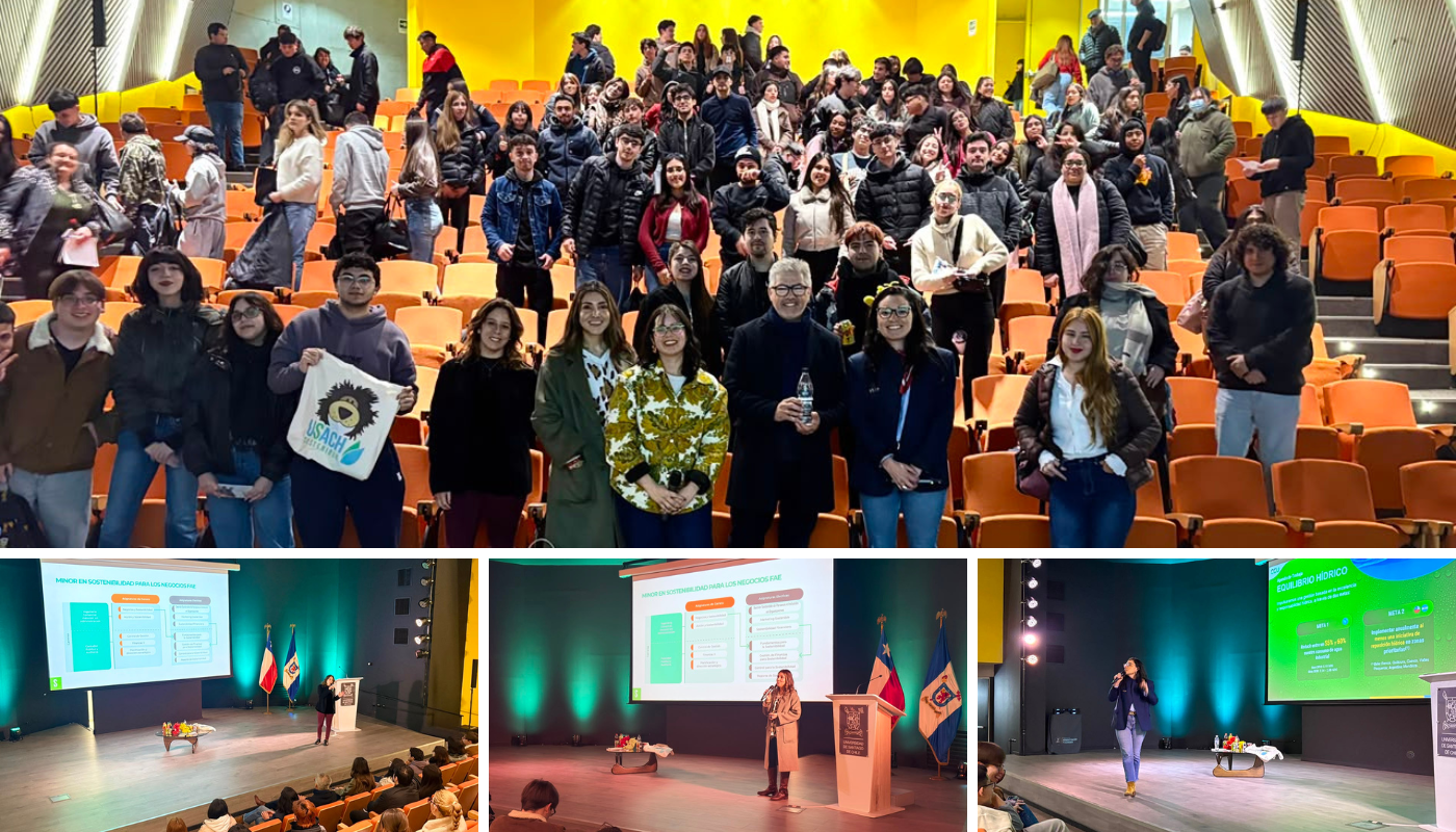 Registros fotográficos de lo que fue la charla Sostenibilidad en Acción, realizada en el auditorio FAE. 