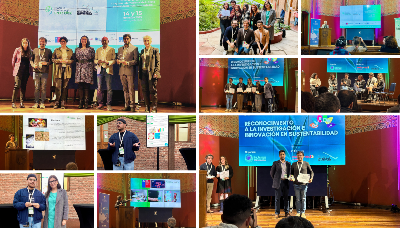 registro fotográficos de lo que fue el Congreso Internacional Green Mind 2025 organizado por la Red Compromiso con el Desarrollo Sustentable, realizada los día 14 y 15 de mayo en la Casa Central de la UTEM, así como la Ceremonia de Reconocimiento a la Investigación e Innovación en Sustentabilidad 2025, liderada por la Red Campus Sustentable; en la cual, el Proyecto Smart Campus: Reciclaje Contenedores Inteligentes, fue reconocida en la categoría Prosperidad.