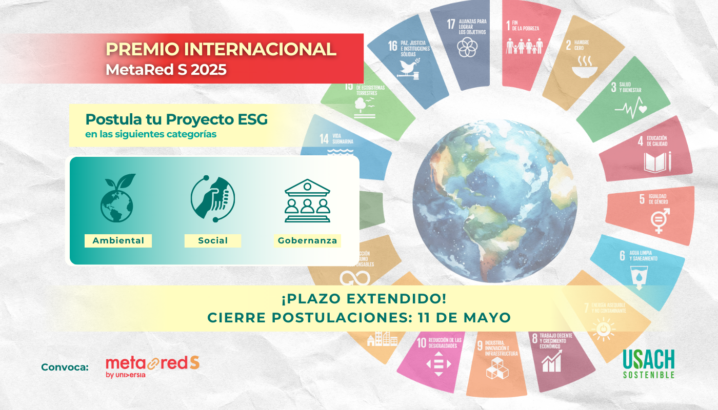Afiche convocatoria premio internacional Metared-S, by Universia. Se presentan las fechas clave de postulación y las áreas en las que las personas interesadas, pueden postular.