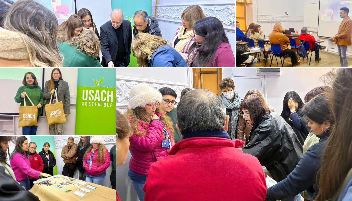 Collage de fotos registrando parte de las jornadas de capacitación a funcionarios y funcionarias de las Facultades de Administración y Economía y de la Facultad de Química y Biología