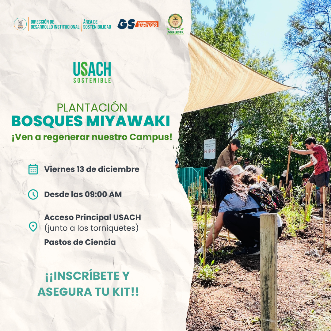 Imagen convocando a jornada de plantación, a realizarse el 13 de diciembre de 2024 desde las 09:00 am en el Frontis de la Universidad. Hacia la izquierda se encuentra la información y a la derecha, una fotografía de personas plantando