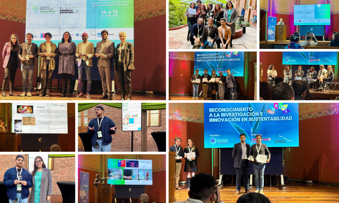 registro fotográficos de lo que fue el Congreso Internacional Green Mind 2025 organizado por la Red Compromiso con el Desarrollo Sustentable, realizada los día 14 y 15 de mayo en la Casa Central de la UTEM, así como la Ceremonia de Reconocimiento a la Investigación e Innovación en Sustentabilidad 2025, liderada por la Red Campus Sustentable; en la cual, el Proyecto Smart Campus: Reciclaje Contenedores Inteligentes, fue reconocida en la categoría Prosperidad.